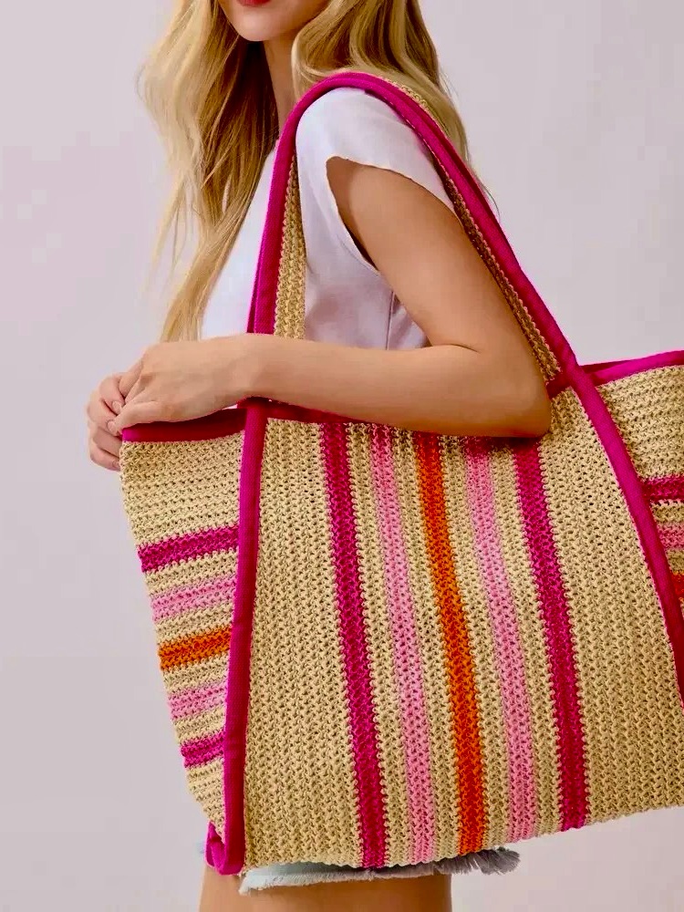 Pink-Trimmed Striped Woven Tote Bag